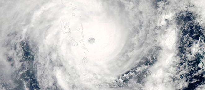 Cyclone Pam bears down on Vanuatu in this image from the Moderate Resolution Imaging Spectroradiometer (MODIS) on NASA's Aqua satellite taken at 1:30 p.m. local time (2:20 GMT) March 13, 2015. REUTERS/NASA