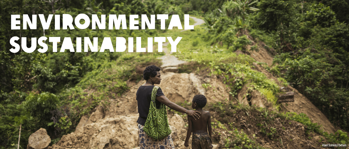 "Environmental sustainability" with photo of a parent and a son.