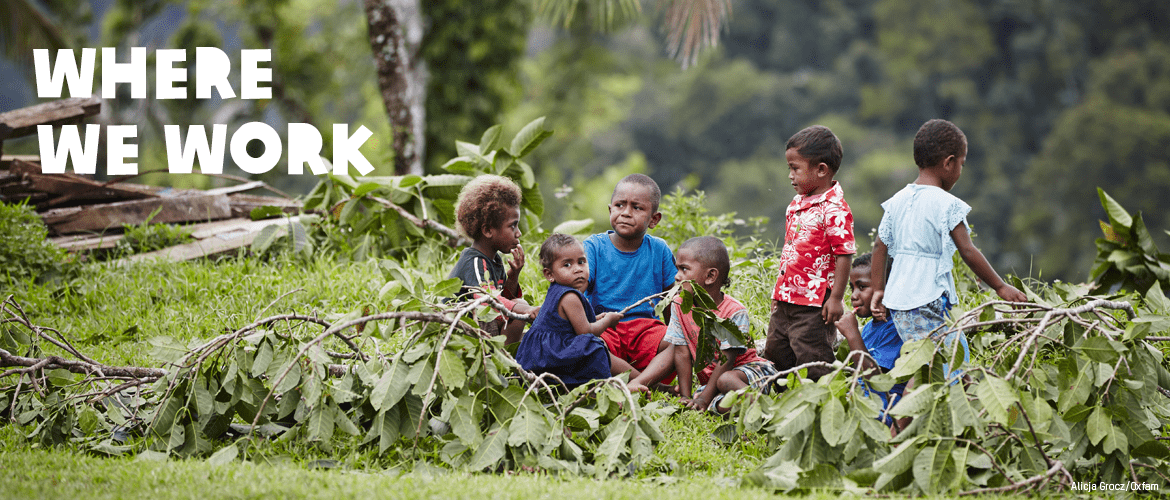 "Where we work", picture of kids in a developing country where Oxfam works