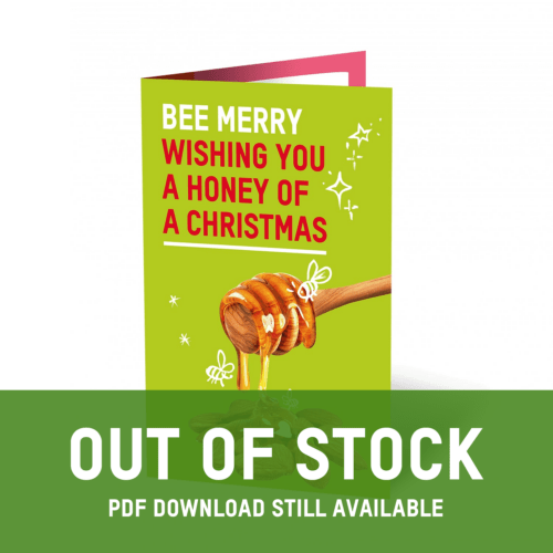 Green card with text 'Bee Merry Wish you a honey of a Christmas' and Out of Stock