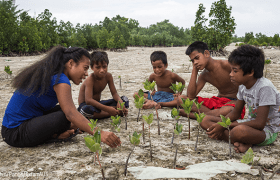 Tinaai, explains to village children from Kiribati the importance of mangroves in protecting the country's shores from coastal erosion. Credit: Vlad Sokhin/Panos/OxfamAU