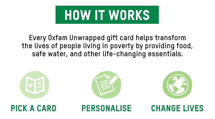 How it works banner with text: Every Oxfam Unwrapped gift card helps transform the lives of people living in poverty by providing food, safe water, and other life-changing essentials.