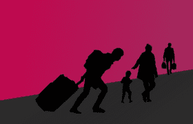 Pink and purple background with silhouettes