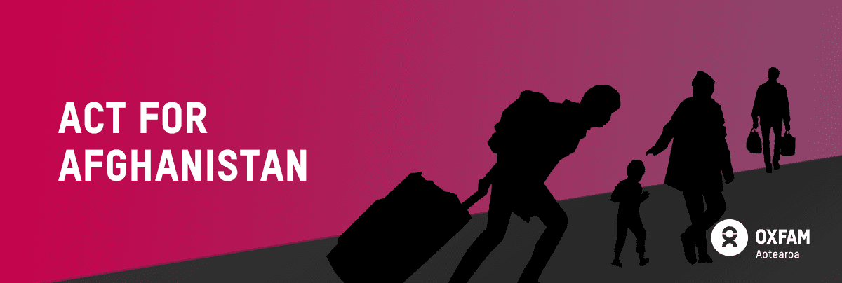 Pink and purple background with silhouettes and text Act for Afghanistan