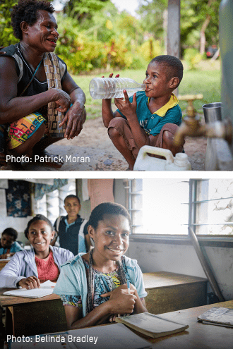 Image of a boy drinking water, and a girl in a classroom below