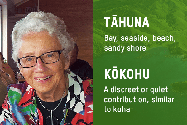 Image of Sandy Stephens with text Tāhuna = bay, seaside, beach, sandy shore. Kōkohu = a discreet or quiet contribution, usually ceremonial (similar to koha)