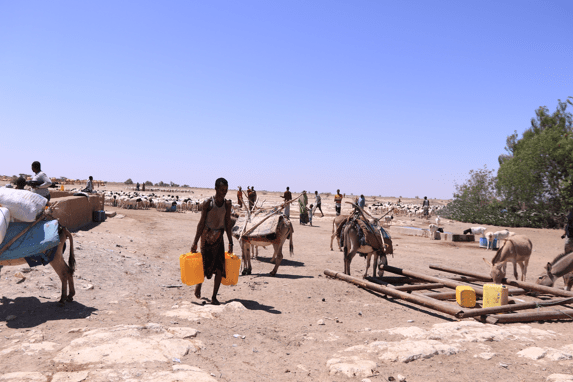 People walking in a dry sandy area, holding yellow buckets