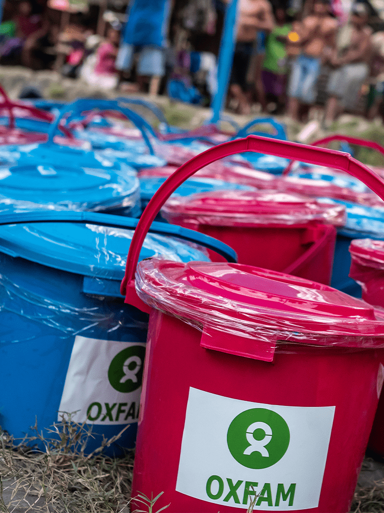 Pink and blue Oxfam hygiene kits