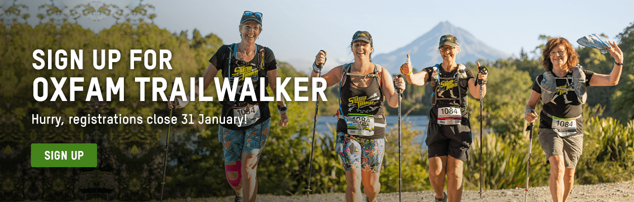 Four women walk while smiling, with text 'Sign up for Oxfam Trailwalker. Hurry, registrations close 31 January' with sign up button