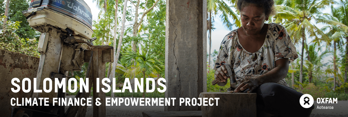 A woman works at a bench, with text 'Solomon Islands Climate Finance & Empowerment Project'