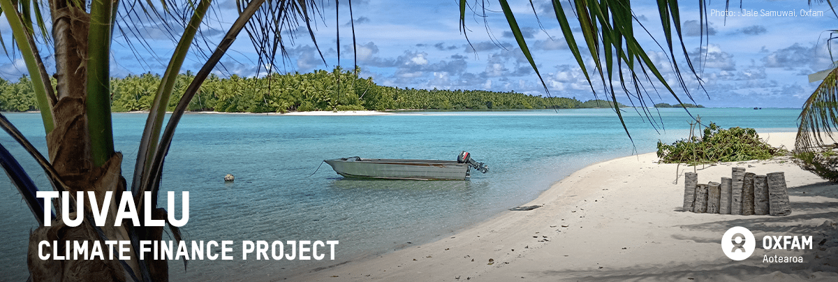 A boat sits in clear blue water with text 'Tuvalu climate finance project'