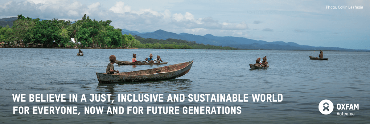 Image of boats at sea, with text 'We believe in a just, inclusive and sustainable world for everyone, now and for future generations.'