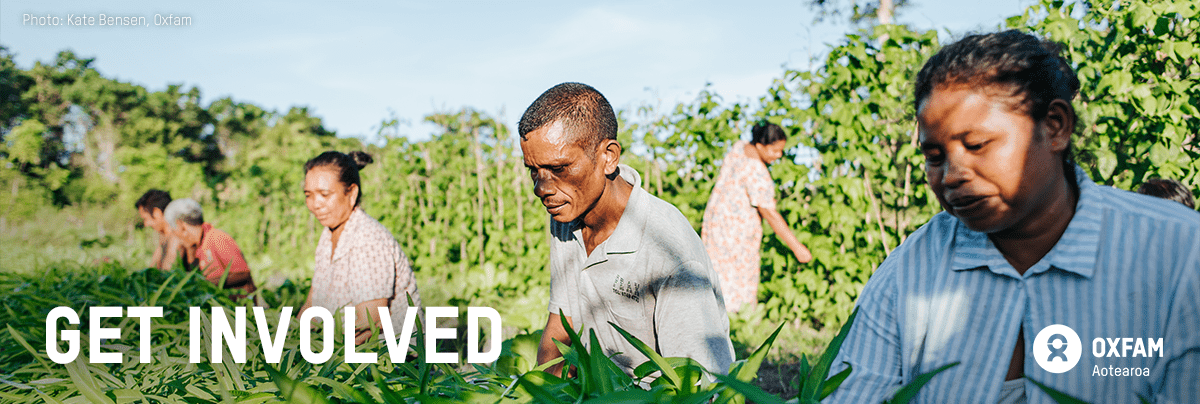 People work in a community garden, with text 'get involved'