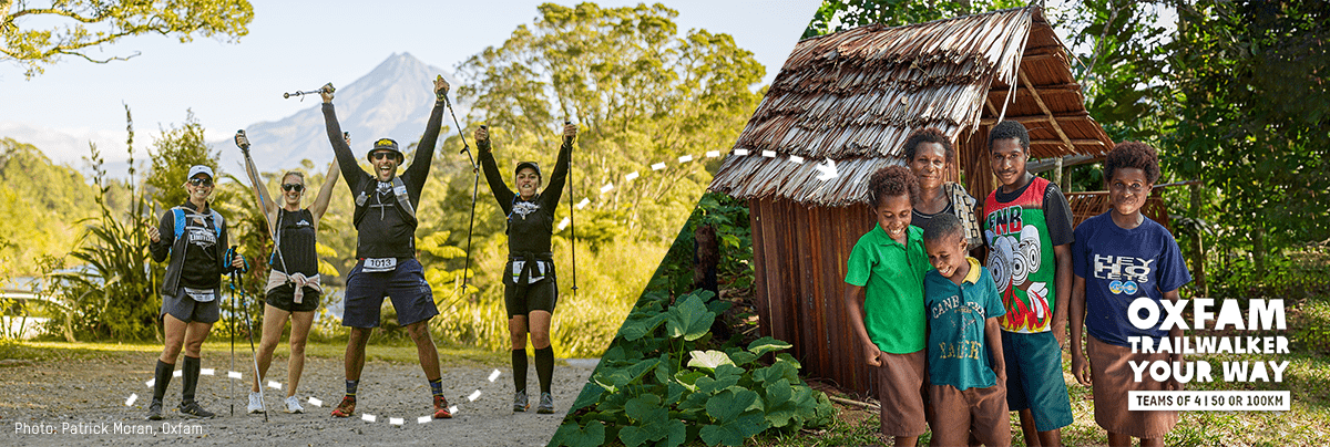 Two images appear side by side: one of a OTW team celebrating and another of a family in Papua New Guinea