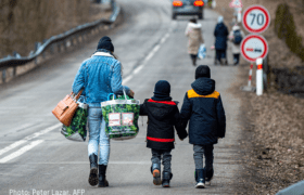 A mother walks down a road with her two children.