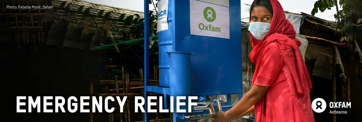 A woman washes her hand, text 'emergency relief'