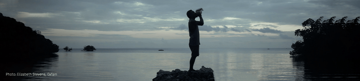A figure blows into a conch shell against the beach