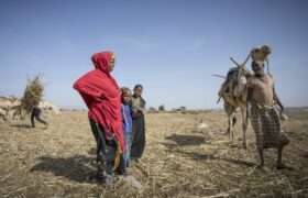A group of people standing in a dry area