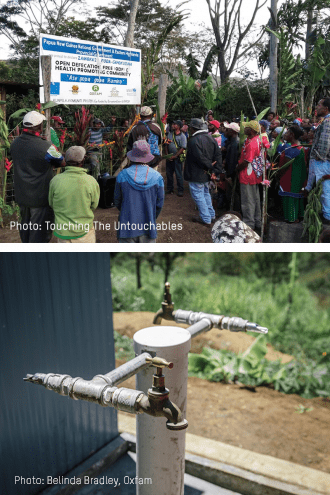 A group of people stand near a sign, below is an image of water taps