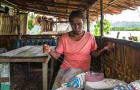 A woman wearing a pink shirt works on shell money