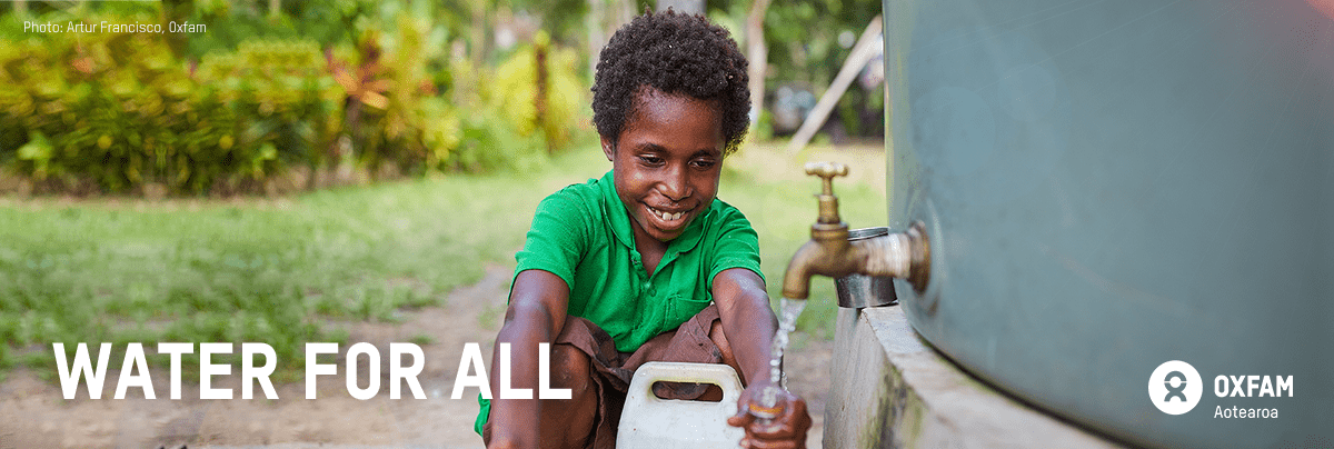 Water for all banner with boy filling up a cannister