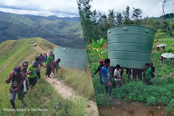 Two images of water tanks being transported up a hill