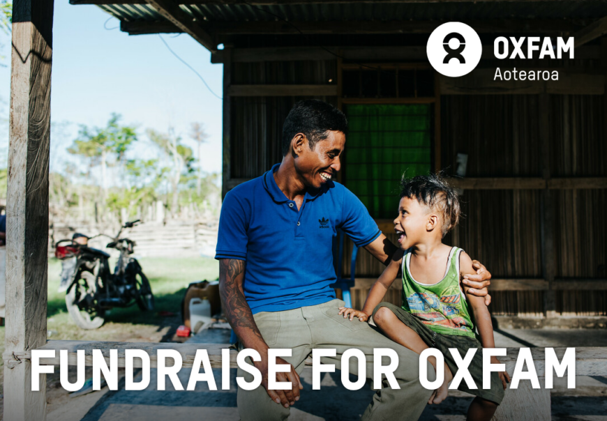 Son and father with text 'Fundraise for Oxfam'