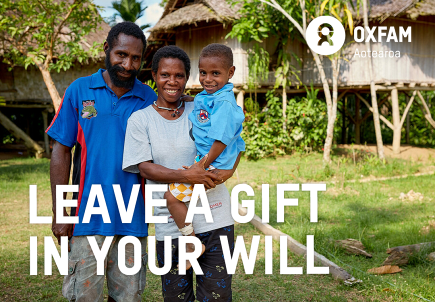 Family smiling with child, text 'leave a gift in your will'