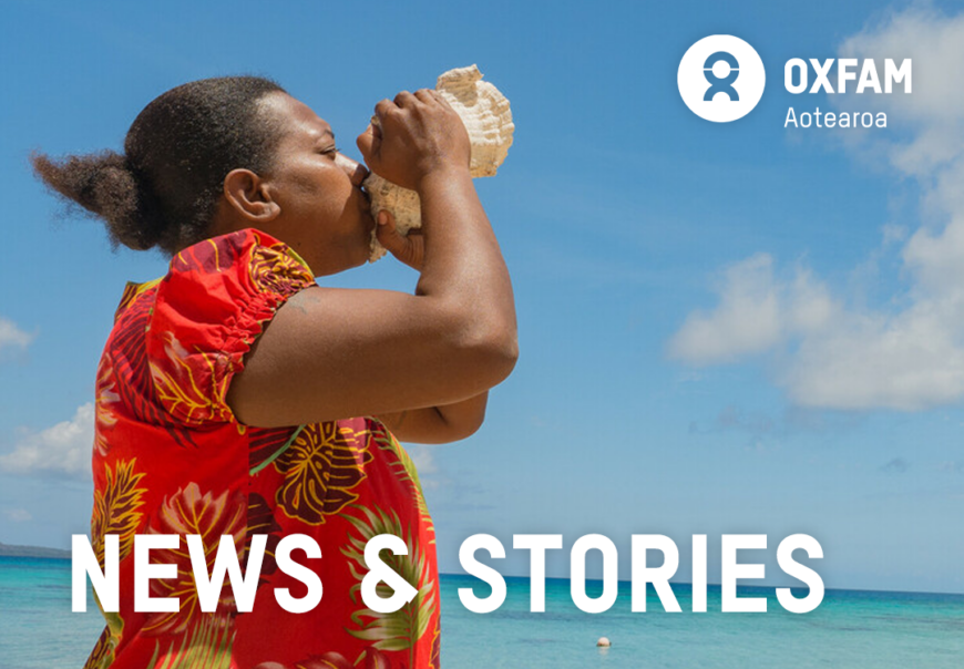 A woman blowing a conch shell; text - news & stories