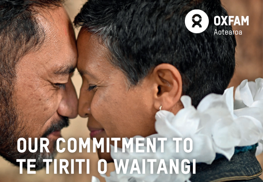 Two people performing a hongi; text - our commitment to tiriti o waitangi