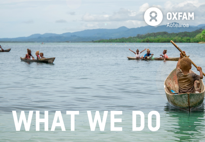 Child in boat, text 'what we do'