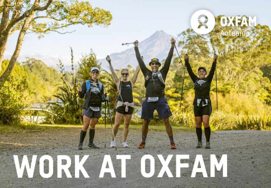 Trailwalker team cheering; text - Work at Oxfam