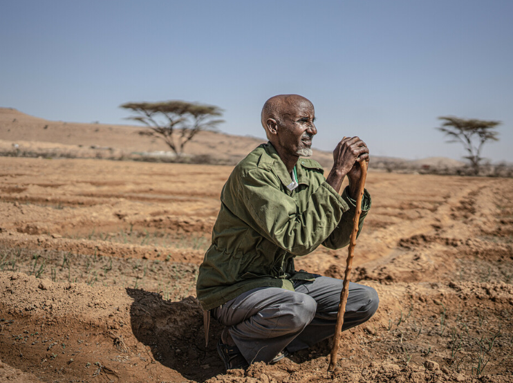 A man crouches in a dry field