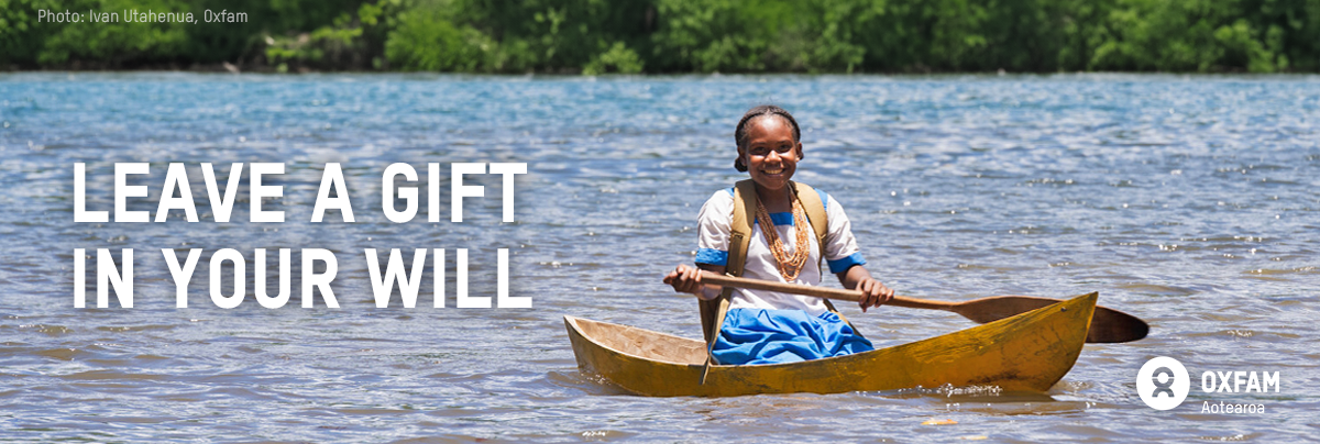 Shirley in a boat with text, leave a gift in your Will