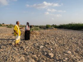 a 50-year-old farmer, and the Farmer and Field Facilitator Raed Ali Al-Awd, stand on the dry land in Al-Khaddad area in Yemen.